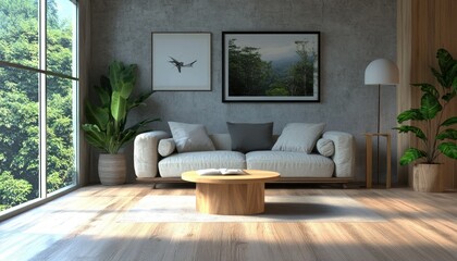 Modern Living Room with Couch, Coffee Table, and Greenery