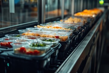 Production Line of Ready Meal Containers in Food Factory with Transparent Packaging Displaying Fresh Ingredients