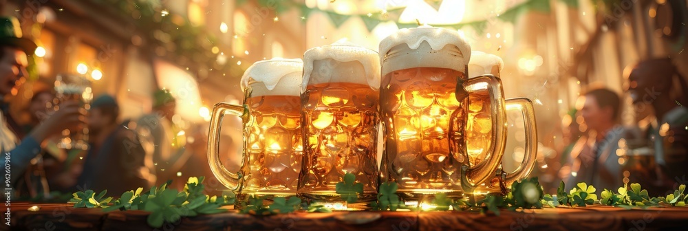 Canvas Prints Beer mugs on a wooden table with a blurred background of a crowd of people celebrating. AI.