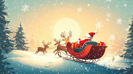 Naklejka premium Santa Claus Riding Sleigh with Reindeer in Winter Wonderland with Snowflakes at Sunset