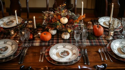 Festive Fall Table Setting with Pumpkins and Candles