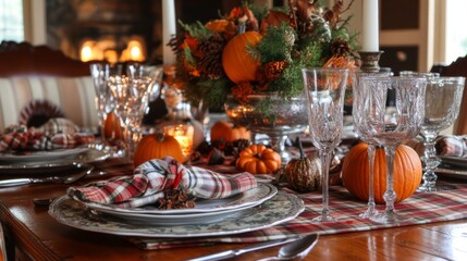 Autumnal Table Setting with Pumpkins and Plaid Napkins