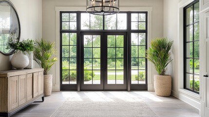 Fototapeta premium Elegant entryway with double doors and large windows providing a bright, welcoming atmosphere.