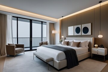 Fototapeta premium Sophisticated Minimalist Bedroom Decor Featuring Bed Nightstand and Ambient Lighting
