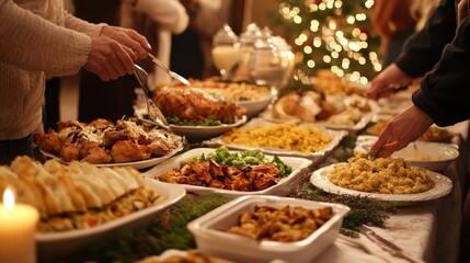 A Table Spread with Roasted Turkey, Side Dishes, and a Candle