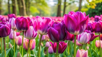 Obraz premium Peeled fuchsia and purple tulips blooming in a Dutch garden in spring, tulips, flowers, spring, blooming, garden, Holland, pink