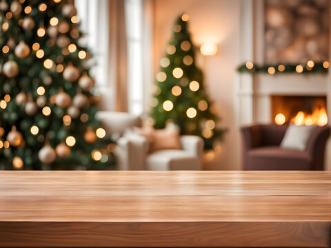 Empty wood table top with abstract warm living room decor with christmas tree blur background with bokeh light,Holiday backdrop,Mock up banner for display of advertise product ,luxury house
