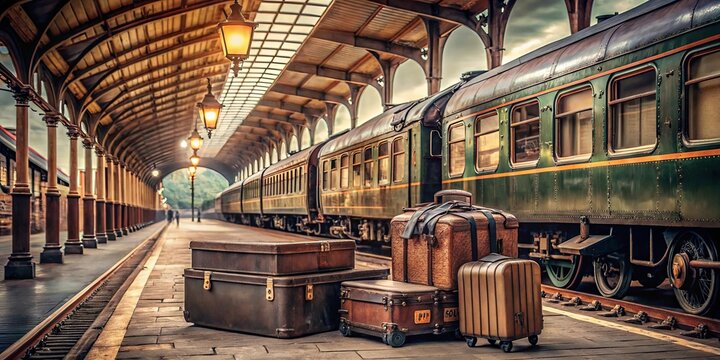 Old classical train parked at a rustic station platform surrounded by vintage luggage, retro signage, and nostalgic atmosphere
