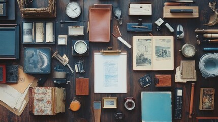 Obraz premium Antique Objects and Books Arranged on a Wooden Surface