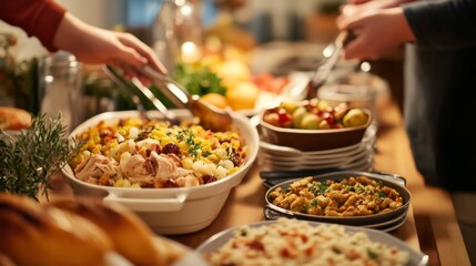 A Table Spread with Various Dishes, Including a White Bowl of Stuffing with Chicken and Herbs