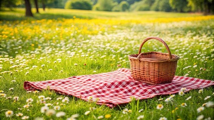 Checkered picnic duvet laid out on a blossoming meadow with an empty basket nearby