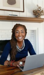 A woman smiles as she works on her laptop. AI.