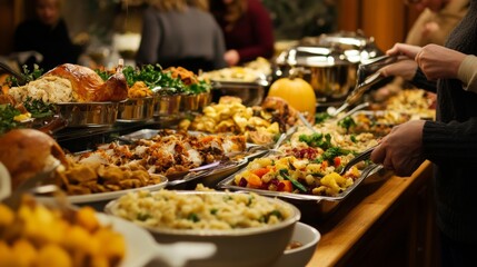 A Buffet Table Spread With Roasted Meats, Vegetables, and Side Dishes
