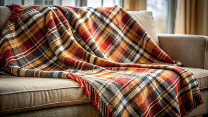 Closeup of a warm plaid on a cozy sofa