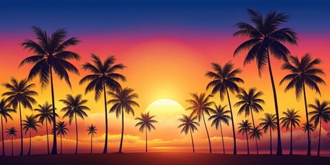 Sunset background with hand-drawn palm trees , palm trees, sunset, tropical,artistic, backdrop, evening, dusk, nature, sky