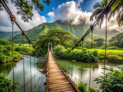 A rustic suspension bridge spans a serene river valley, surrounded by lush greenery and tropical foliage, in Hanapepe, Kauai, Hawaii, with misty clouds drifting above.