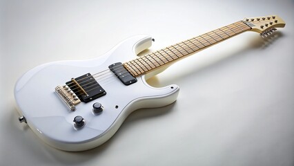 Obraz premium A sleek, modern electric guitar with a glossy white finish and maple neck shines brightly against a clean, uncluttered background, awaiting its next melody.