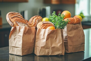 Healthy eco-conscious food lifestyle concept. Fresh bread, fruits, and herbs in paper bags on a kitchen counter
