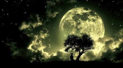 Fototapeta premium A serene scene of a person sitting under a tree, gazing at a large moon amidst a starry night sky.