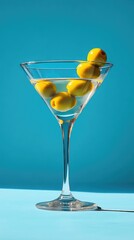 Martini Cocktail with Green Olives in a Glass Against a Blue Background