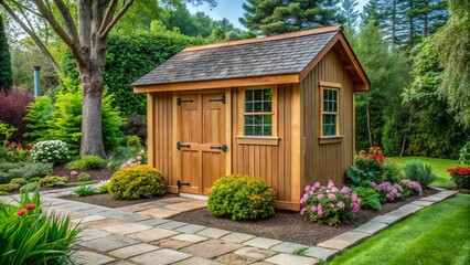 Custom built cottage garden shed with cobblestone sidewalk, wood board and batten siding