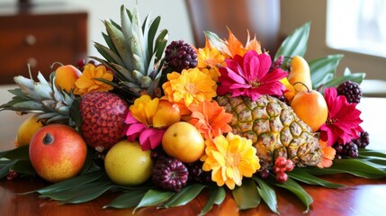 A Vibrant Arrangement of Pineapple, Flowers, and Fruit