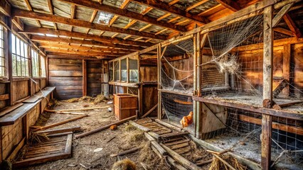 Fototapeta premium Dirty, abandoned chicken coop interior with cobwebs and rusted metal, suitable for rustic or spooky themes