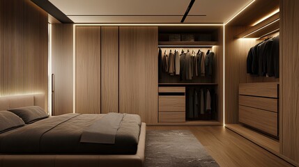 Contemporary bedroom with built-in wardrobe and LED lighting