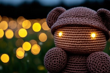 Crochet Bear Toy with Glowing Eyes in a Field of Lights