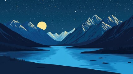 Minimalist vector illustration of a night in Kyrgyzstan, with towering mountains and a serene river flowing under a starry sky
