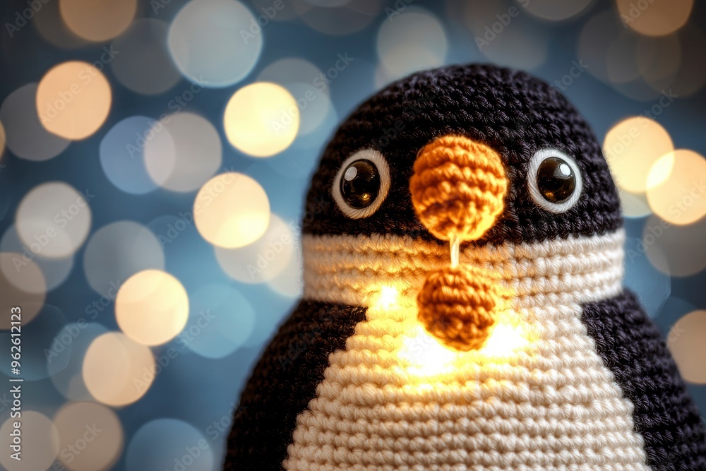 Wall mural Adorable Crochet Penguin Holding a Light with a Bokeh Background