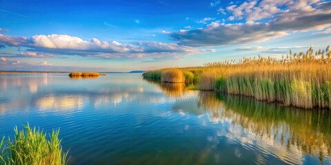 Fototapeta premium Beautiful Lake Neusiedl in Austria with reeds and tranquil waters, Austria, Lake Neusiedl, reeds, water, reflection