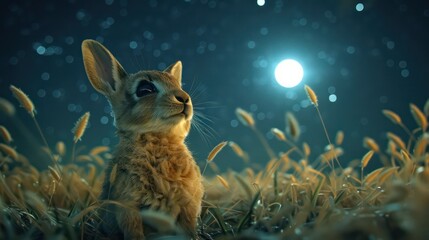 A serene rabbit gazes at the moonlit sky amidst a field of wheat.