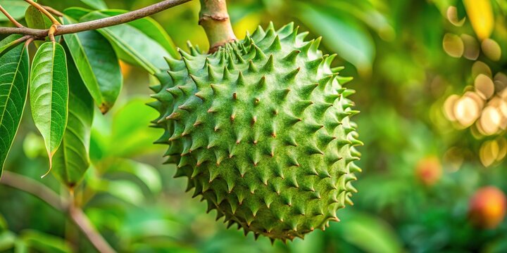 Ripe guyabano fruit, also known as soursop, hangs from a branch, its soft, prickly skin and vibrant green color rendering an exotic and tropical atmosphere.