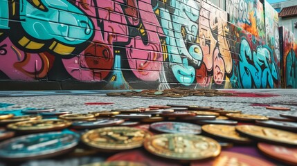 Fototapeta premium Numerous cryptocurrency coins lie on a city street adorned with colorful graffiti. The image showcases the intersection of modern digital finance with urban street culture, making it a dynamic and