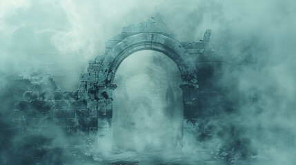 Ancient stone archway shrouded in mist and ruins