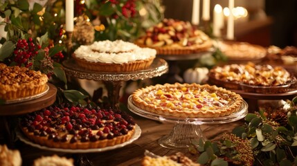 A Table Decorated with Various Fruit Pies and Greenery