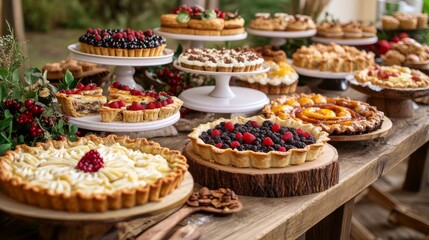Fototapeta premium Assortment of Fruit and Cream Tarts on a Rustic Wooden Table