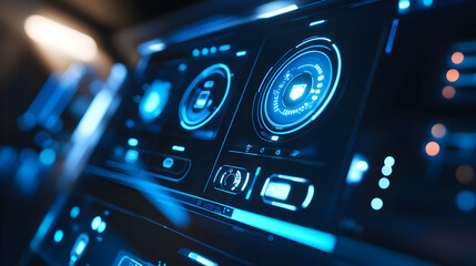 Obraz premium Futuristic Car Dashboard with Blue Lights 3D Illustration