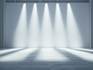 Obraz premium Four spotlights illuminate a blank white wall, casting long shadows on the concrete floor.