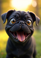 3D render of a cute black pug dog with golden eyes, a smiling expression, and face wrinkles in a sunny park setting.