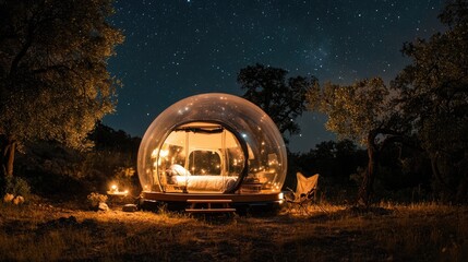 A transparent bubble tent glowing under the stars, surrounded by natural landscape, offering a luxurious and immersive camping experience.