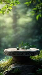 Podium set in a fairytale forest featuring an olive surrounded by magical elements.