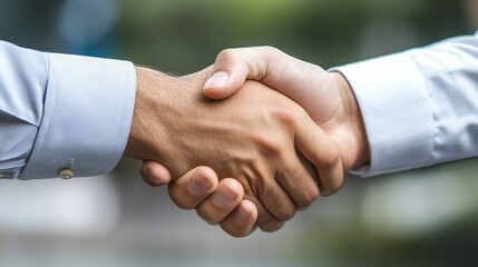 Two men shake hands in a gesture of agreement and partnership.