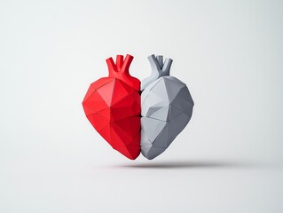 Two polygonal hearts, one red and one gray, connected at the tip, symbolizing love and connection.