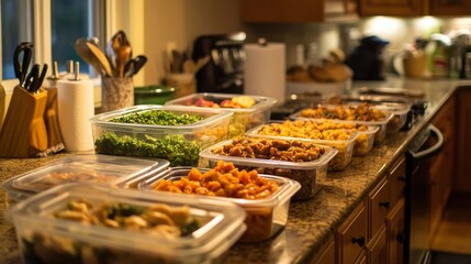 Various Prepared Meals in Clear Containers on a Kitchen Countertop