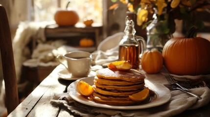 Pumpkin Pancakes with Orange Slices and Maple Syrup