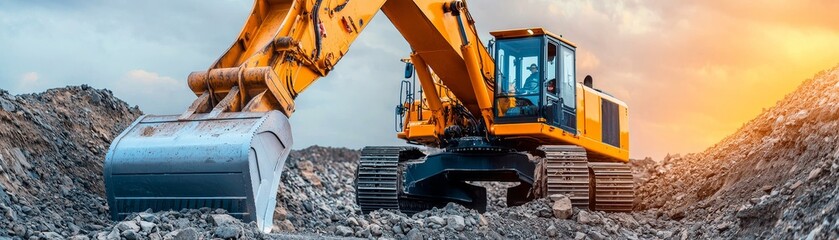 Yellow excavator working on construction site.