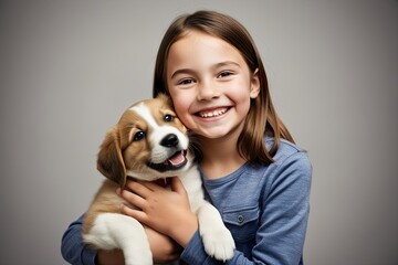 Cheerful Young Girl Embracing Playful Puppy in Casual Attire