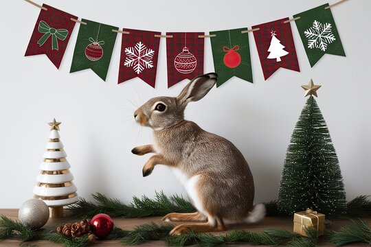 Adorable Holiday Bunny Under Festive Banner with Customizable Details